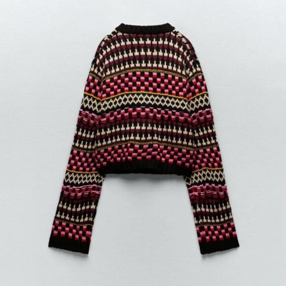 Zara Knit Retro Jacquard Button Down Chunky Cardigan Sweater Black Pink S - Picture 4 of 8